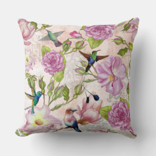 Vintage Rose Flowers & Hummingbirds pattern Cushion