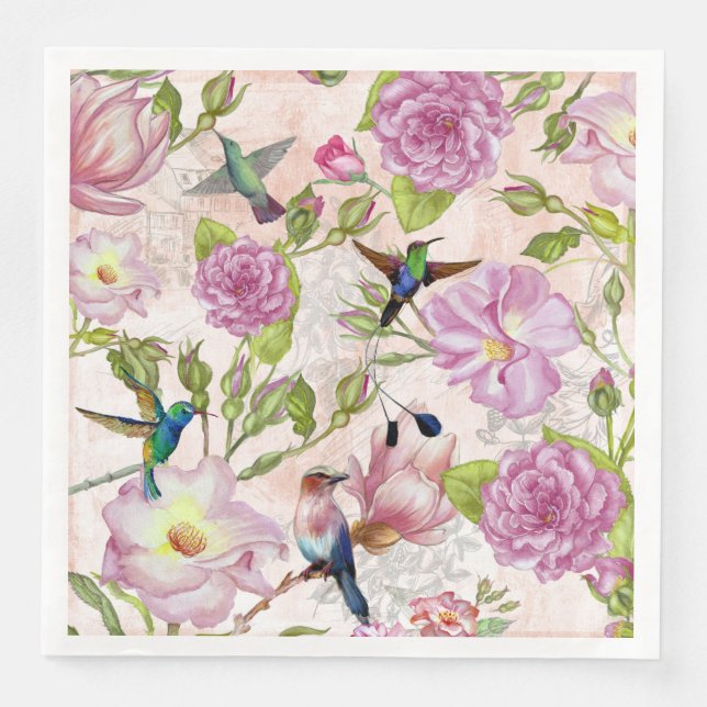 Vintage Rose Flowers & Hummingbirds pattern Napkin (Front)
