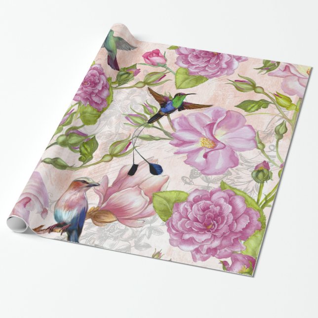 Vintage Rose Flowers & Hummingbirds pattern Wrapping Paper (Unrolled)