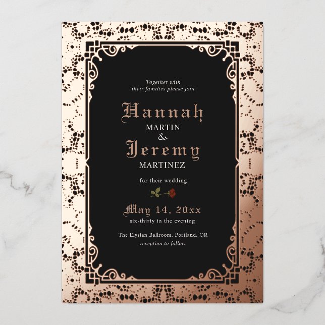 Vintage Rose Foil Lace Elegant Black  Foil Invit (Front)