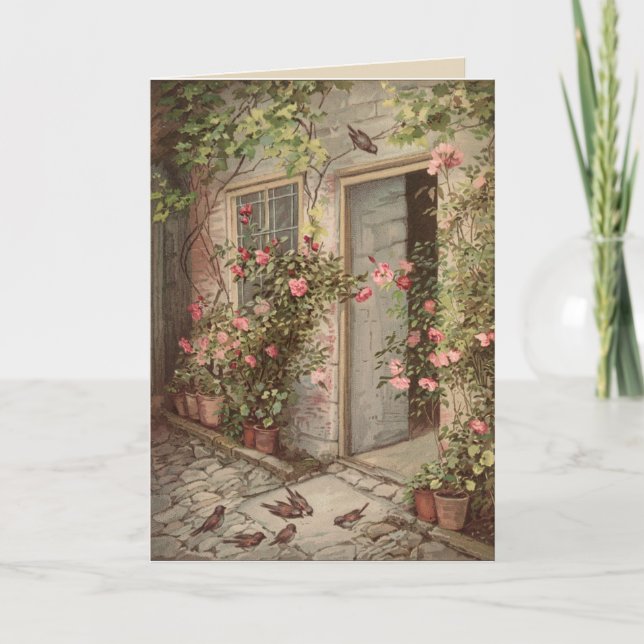 Vintage Rose Garden Cottage Blank Greeting Card (Front)