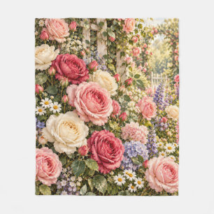 Vintage Rose Garden Fleece Blanket