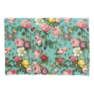 Vintage rose garden in teal background pillowcase