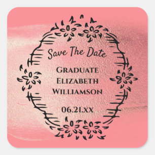 Vintage Rose Gold Floral Graduation Save The Date Square Sticker