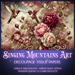 Vintage Rose Gold Hummingbird Floral Decoupage  Tissue Paper