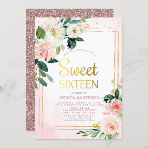 Vintage Rose Gold Pink Glitter Sweet Sixteen Invitation