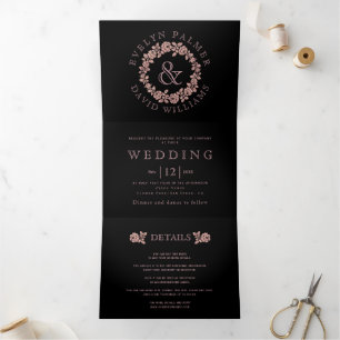 Vintage rose gold rose wreath black wedding Tri-Fold invitation