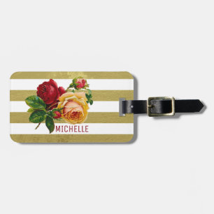 Vintage Rose, Gold-Stripe Personalised Luggage Tag