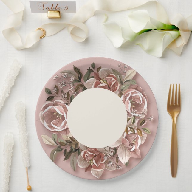 Vintage Rose & Greenery Wedding Paper Plate  (Wedding)