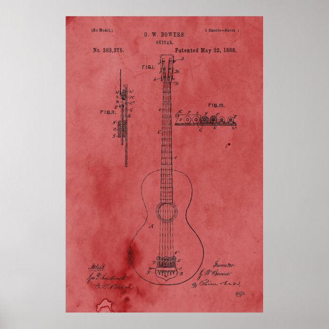 Vintage Rose Guitar Patent Poster (Front)