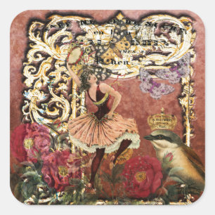 Vintage Rose Gypsy Dancer French Collage Square Sticker