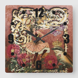 Vintage Rose Gypsy Dancer French Collage Square Wall Clock