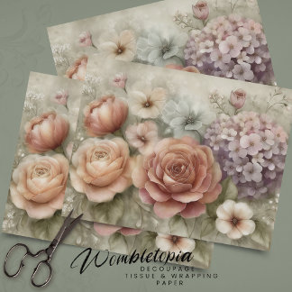  Vintage Rose in Romantic Pinks  Peach Decoupage  Tissue Paper