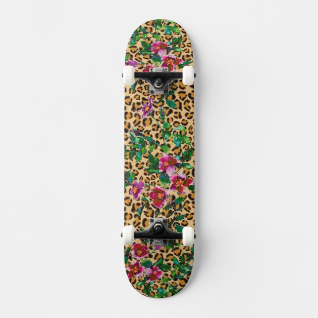 Vintage Rose - leopard print Skateboard (Front)