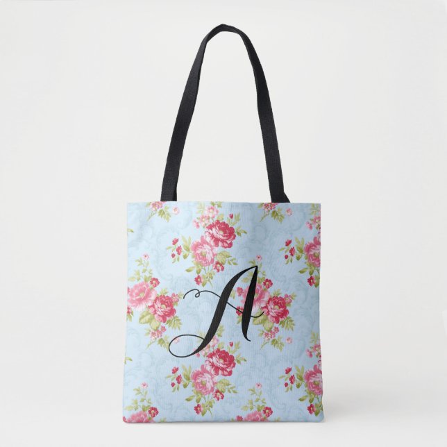Vintage Rose Monogram Tote. Customisable Tote Bag (Front)