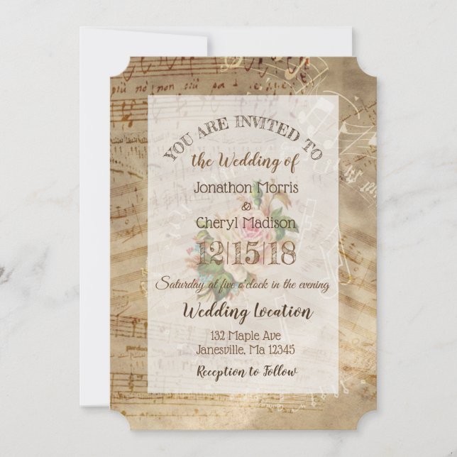 Vintage Rose Musical Notes Wedding  Invitation (Front)