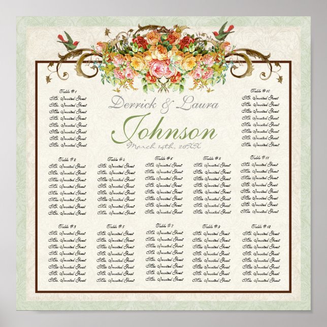 Vintage Rose n Birds Reception Table Seating Chart (Front)