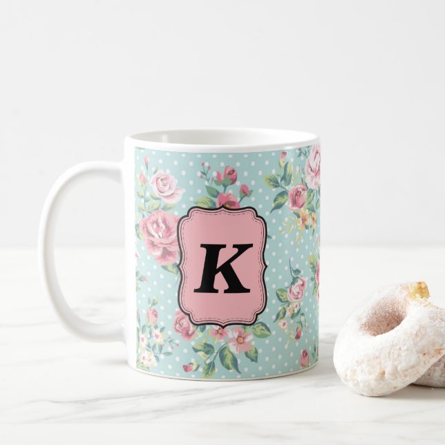 Vintage Rose Pattern With Monogram Coffee Mug (With Donut)