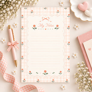 Vintage Rose Peach Gingham Lined Stationery Paper