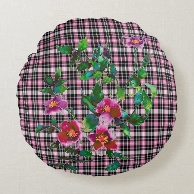 Vintage Rose - pink and white plaid Round Cushion (Front)