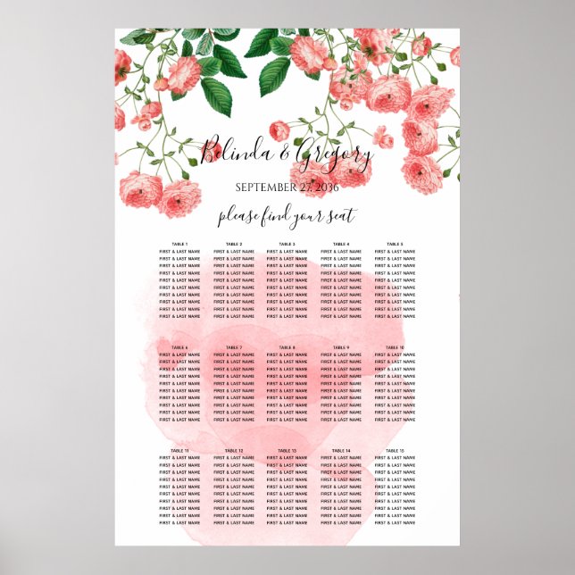Vintage Rose Pink Floral  Wedding Seating Chart (Front)