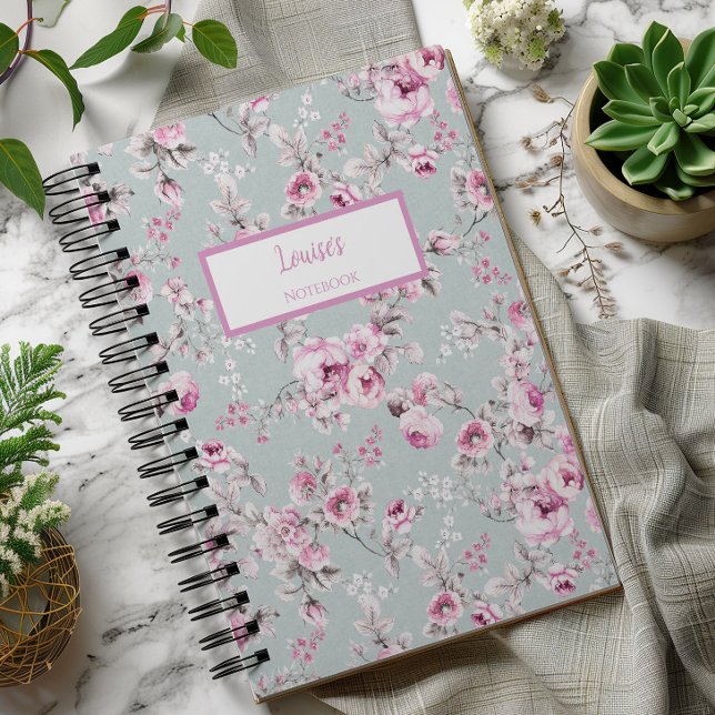 Vintage Rose Pink Personalised Journal Notebook (Vintage Rose Green Spiral Notebook)