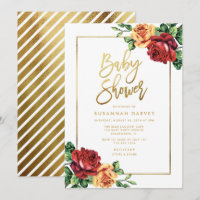 Vintage Rose Red Yellow Gold Script Baby Shower