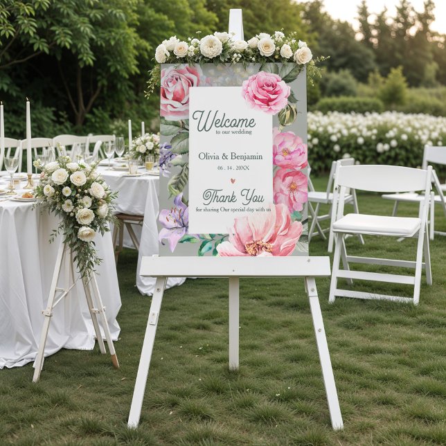 Vintage Rose Romantic Botanical Wedding Welcome Poster (Vintage Rose Botanical Wedding Welcome Sign | Romantic Blush Floral Garden Wedding Poster)