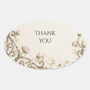 Vintage Rose Scrollwork Wedding Thank You Oval Sticker