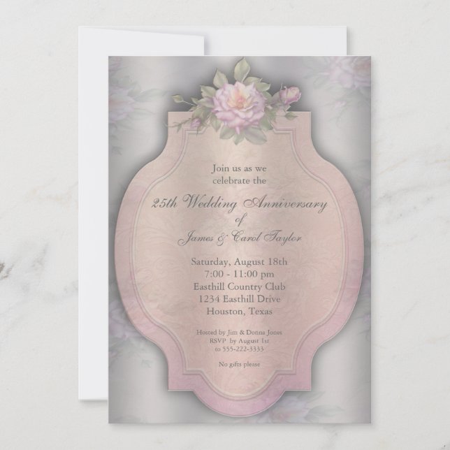 Vintage Rose Silver 25th Anniversary Party Invitation (Front)