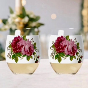 Vintage Rose  Stemless Wine Glass