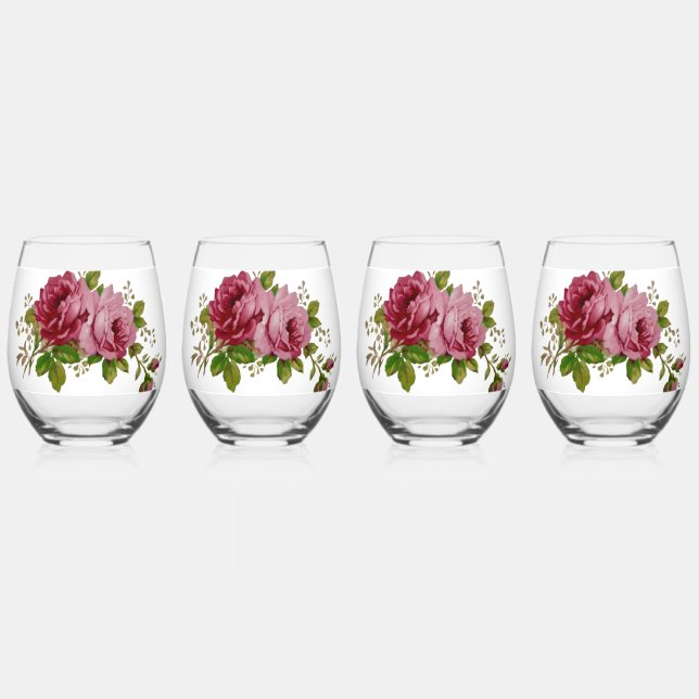 Vintage Rose  Stemless Wine Glass (Front)