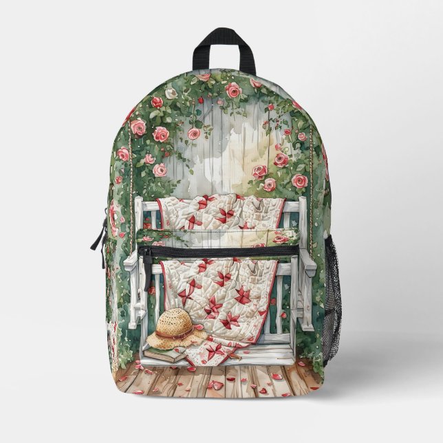 Vintage Rose Swing with Quilt Charm Printed Backpack (Front)