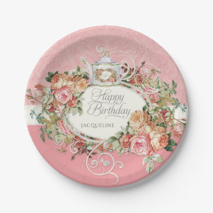 Vintage Rose Tea Elegant English Birthday Party Paper Plate