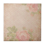 Vintage Rose Trellis Tile<br><div class="desc">Design with soft linen trellis design with border scrolls and pink heirloom roses on pale pink background.</div>