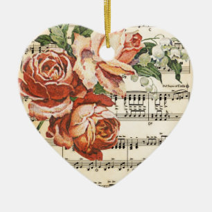 Vintage Rose Trio & Music Ceramic Tree Decoration