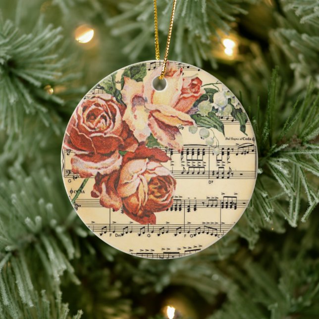 Vintage Rose Trio on Music Ceramic Ornament (Tree)