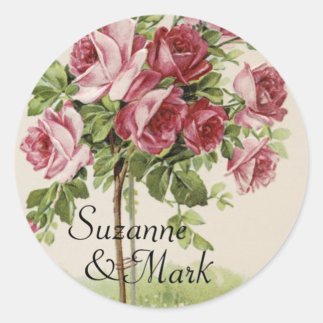 Vintage Rose Wedding Classic Round Sticker (Front)