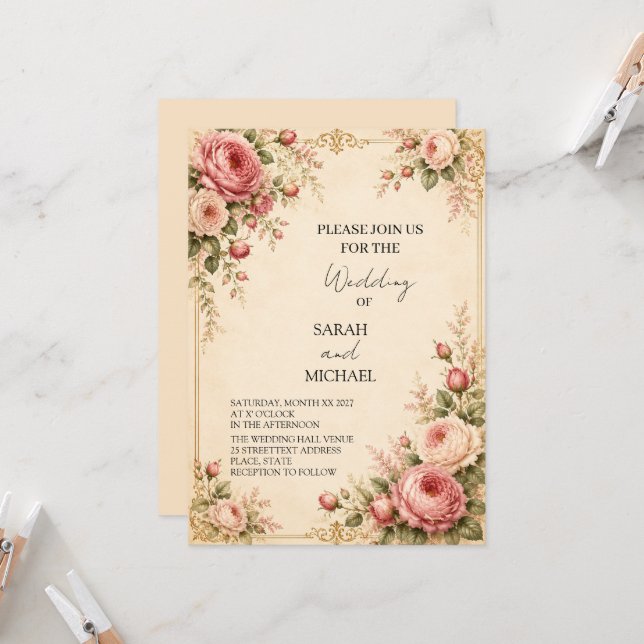Vintage Rose Wedding Invitation  (Front/Back In Situ)
