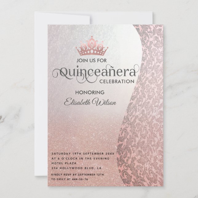 Vintage rosegold luxury damask tiara Quinceañera Invitation (Front)