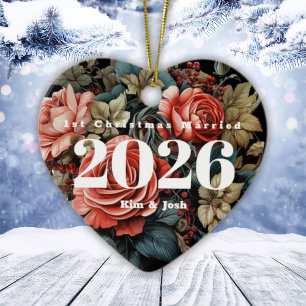 Vintage Roses 1st Christmas Married Heart Ceramic Ornament