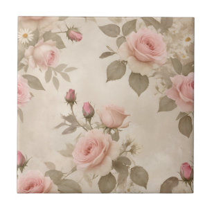 Vintage Roses and Daisies on Beige Background Ceramic Tile