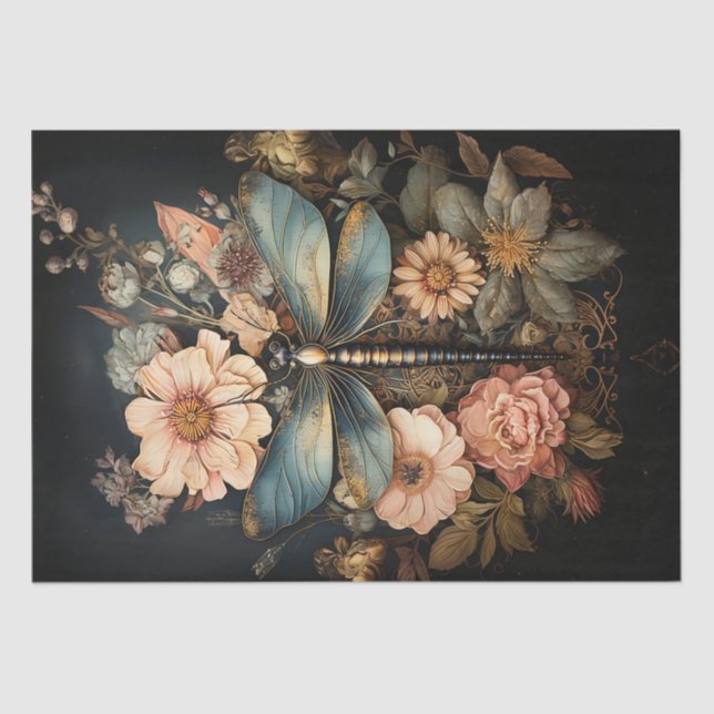 Vintage Roses and Dragonfly Decoupage Tissue Paper (Front)