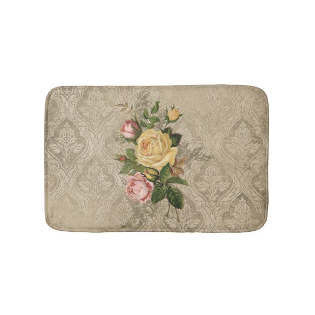 Vintage Roses and Gold Damask Bath Mat (Front)