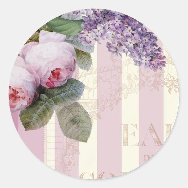 Vintage Roses and Lilac Classic Round Sticker (Front)