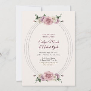 Vintage Roses and Pearl Strand Oval Wedding Invitation