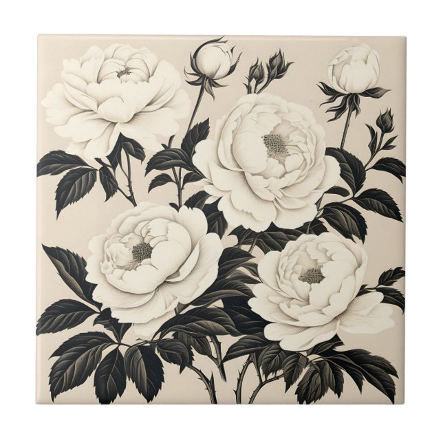 Vintage Roses And Peonies On Cream Ceramic Tile (Front)