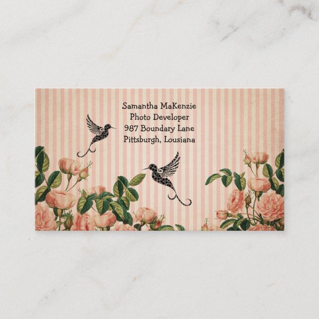 Vintage Roses & Artistic Hummingbird Business Card (Front)