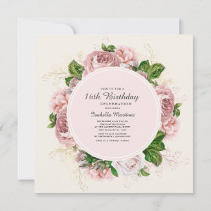 Vintage Roses Blush Pink Floral 16th Birthday Invitation