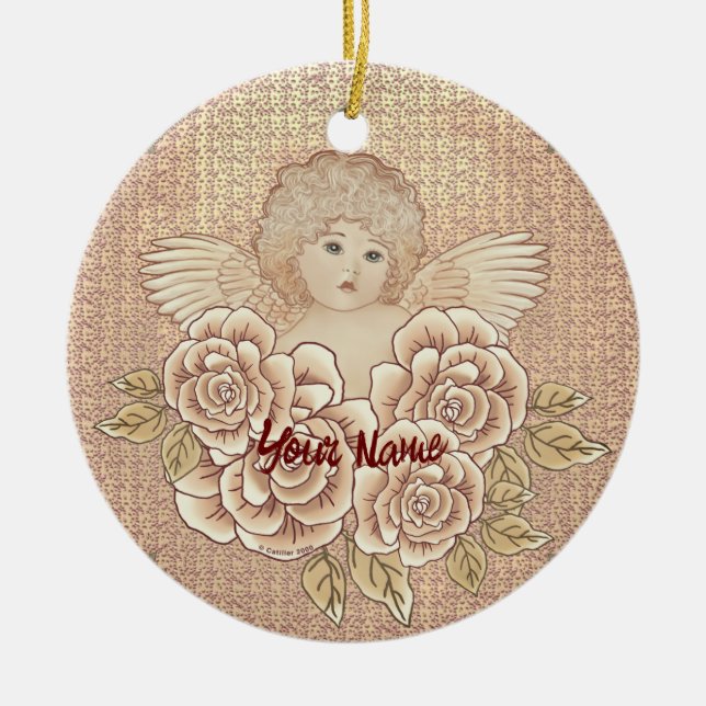 Vintage Roses Cherub Angel  Ceramic Ornament (Front)
